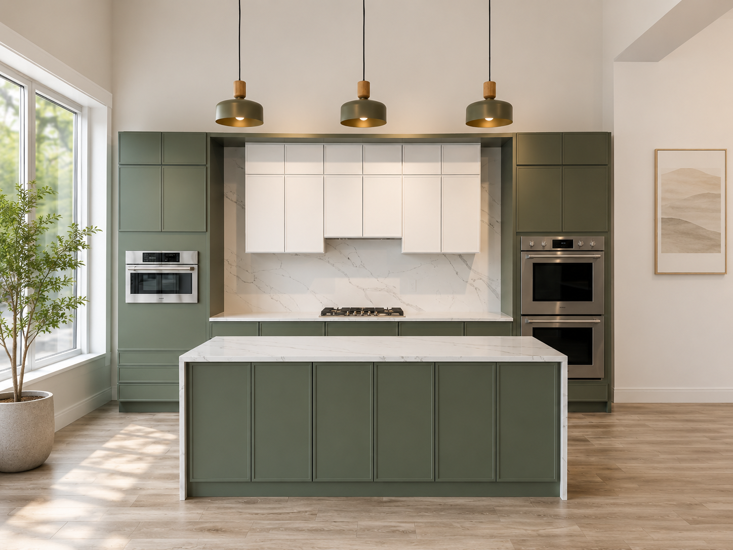 Sage green and white slab kitchen with full-marble island