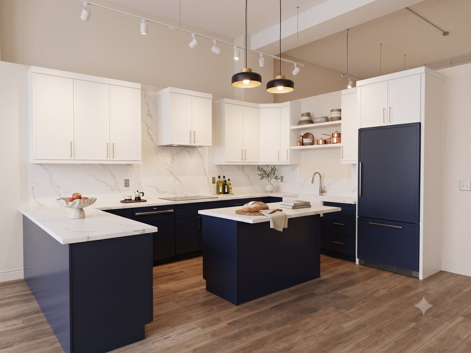 Two-tone navy and white shaker kitchen with island