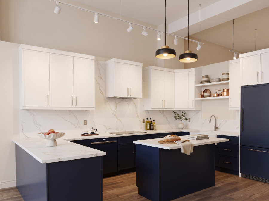 Two-tone navy and white shaker kitchen with island