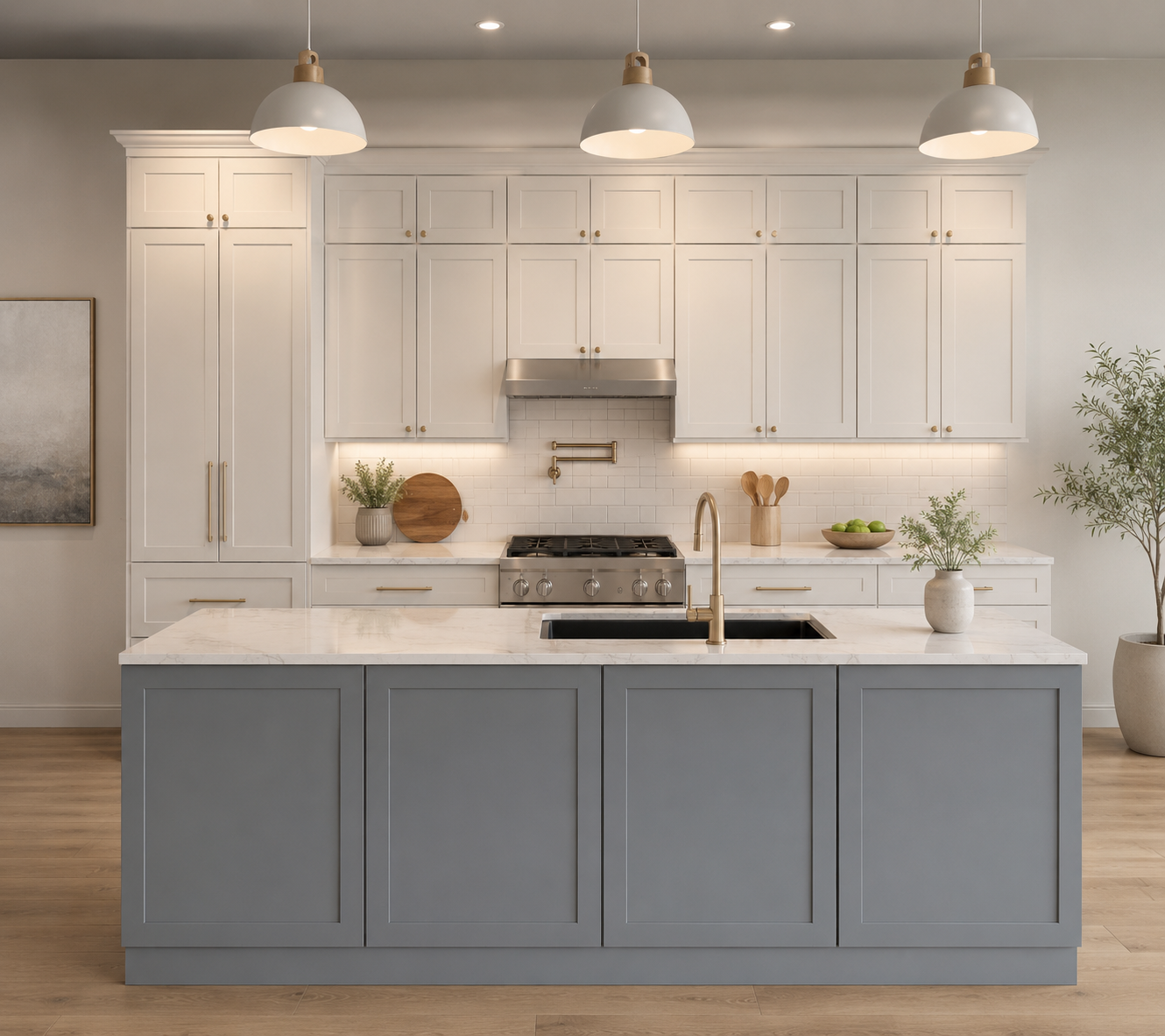 Classic all-white shaker kitchen with marble island